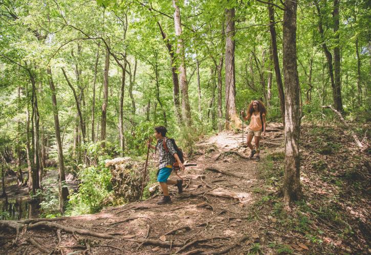 Two children hiking on the trail